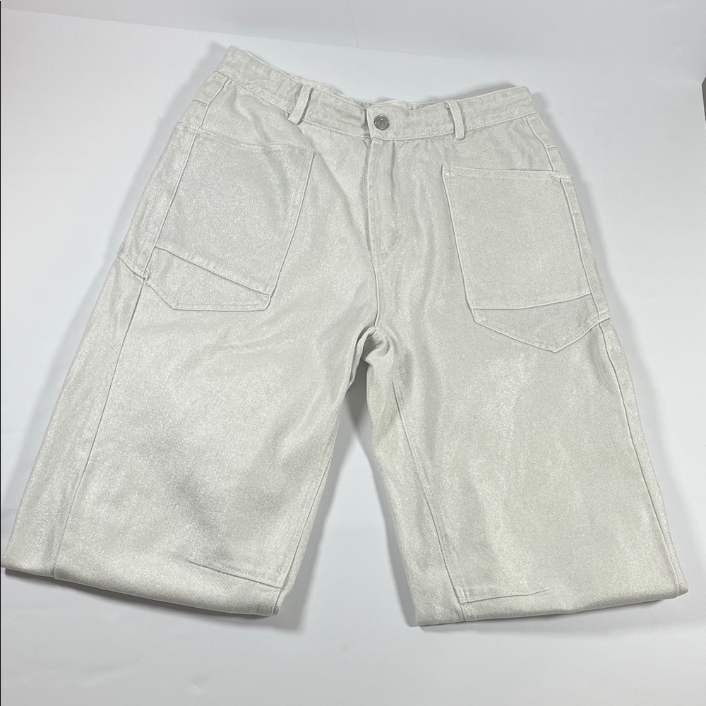 Miss Love Metalic Shimmer White and Silver Cropped Wide Leg Jeans Sz L